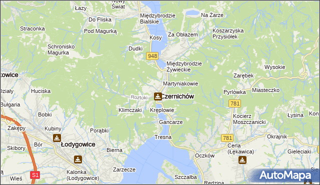 mapa Czernichów powiat żywiecki, Czernichów powiat żywiecki na mapie Targeo