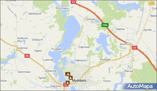 mapa Dąbrowa gmina Myślibórz, Dąbrowa gmina Myślibórz na mapie Targeo