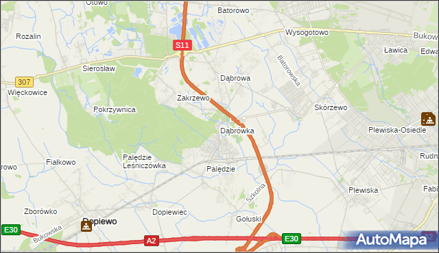 mapa Dąbrówka gmina Dopiewo, Dąbrówka gmina Dopiewo na mapie Targeo