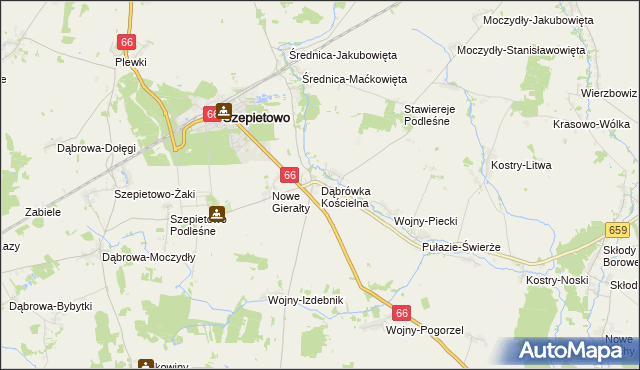 mapa Dąbrówka Kościelna gmina Szepietowo, Dąbrówka Kościelna gmina Szepietowo na mapie Targeo