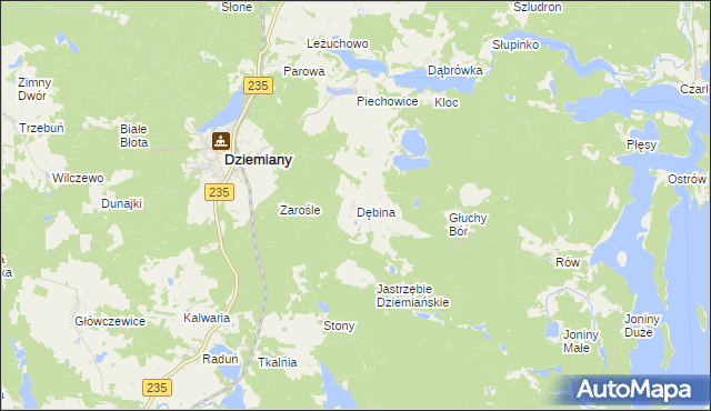 mapa Dębina gmina Dziemiany, Dębina gmina Dziemiany na mapie Targeo