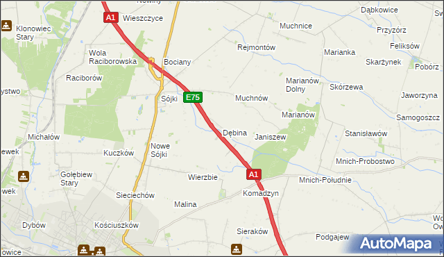 mapa Dębina gmina Strzelce, Dębina gmina Strzelce na mapie Targeo