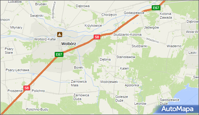 mapa Dębina gmina Wolbórz, Dębina gmina Wolbórz na mapie Targeo