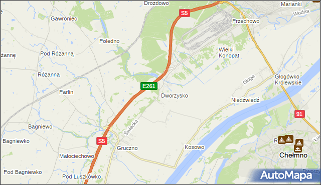 mapa Dworzysko gmina Świecie, Dworzysko gmina Świecie na mapie Targeo