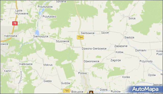 mapa Dzwono-Sierbowice, Dzwono-Sierbowice na mapie Targeo