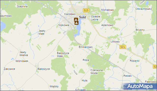 mapa Emilianowo gmina Susz, Emilianowo gmina Susz na mapie Targeo