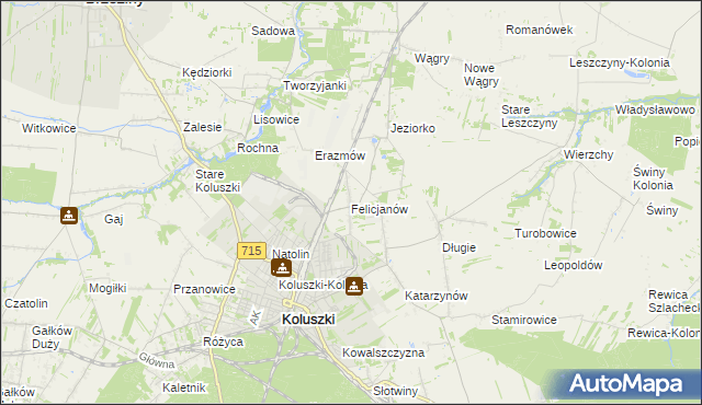 mapa Felicjanów gmina Koluszki, Felicjanów gmina Koluszki na mapie Targeo