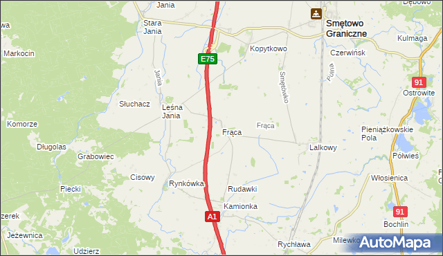 mapa Frąca gmina Smętowo Graniczne, Frąca gmina Smętowo Graniczne na mapie Targeo