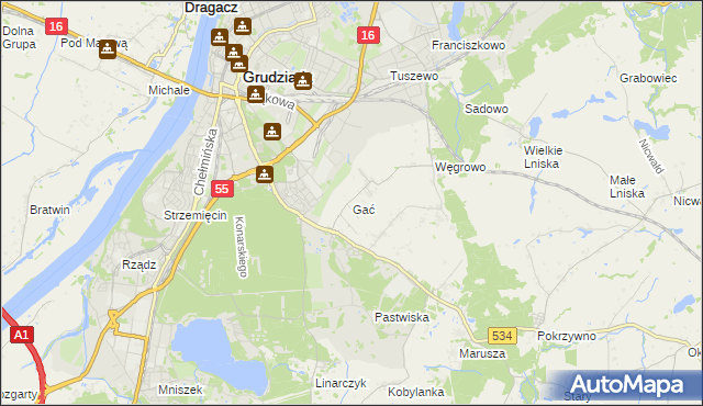 mapa Gać gmina Grudziądz, Gać gmina Grudziądz na mapie Targeo