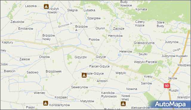 mapa Giżyce gmina Iłów, Giżyce gmina Iłów na mapie Targeo