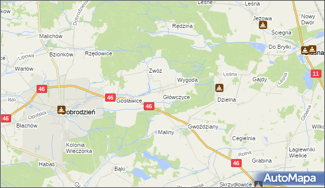 mapa Główczyce gmina Dobrodzień, Główczyce gmina Dobrodzień na mapie Targeo