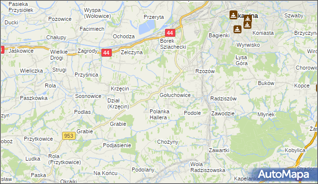 mapa Gołuchowice gmina Skawina, Gołuchowice gmina Skawina na mapie Targeo