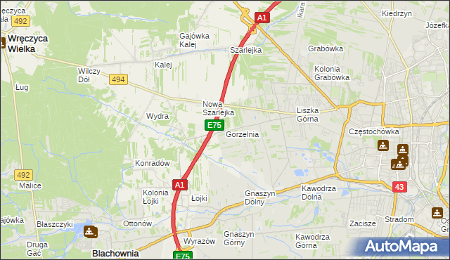 mapa Gorzelnia gmina Blachownia, Gorzelnia gmina Blachownia na mapie Targeo