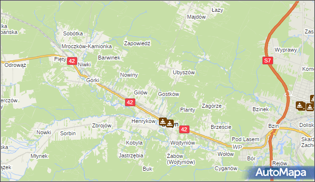 mapa Gostków gmina Bliżyn, Gostków gmina Bliżyn na mapie Targeo