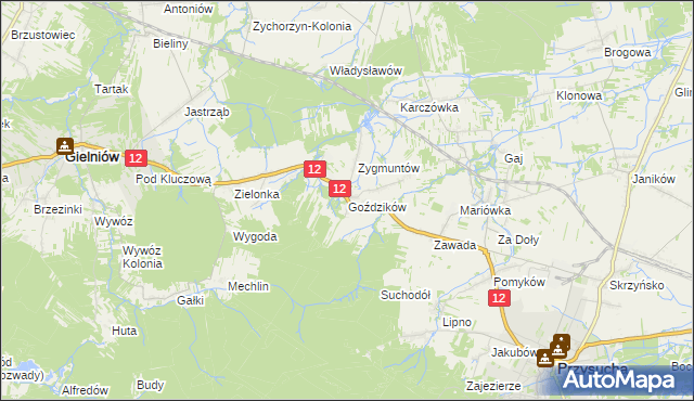 mapa Goździków gmina Gielniów, Goździków gmina Gielniów na mapie Targeo