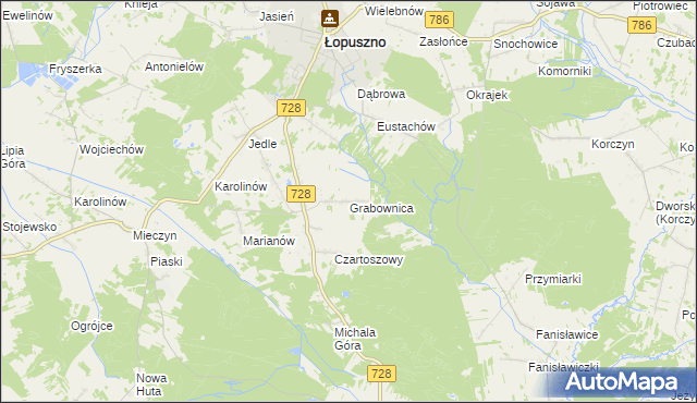 mapa Grabownica gmina Łopuszno, Grabownica gmina Łopuszno na mapie Targeo