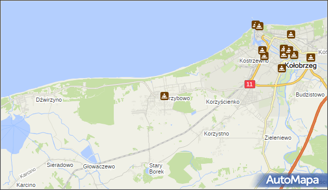 mapa Grzybowo gmina Kołobrzeg, Grzybowo gmina Kołobrzeg na mapie Targeo