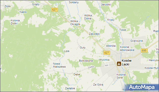 mapa Guty gmina Kosów Lacki, Guty gmina Kosów Lacki na mapie Targeo