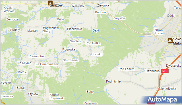 mapa Hucisko gmina Głogów Małopolski, Hucisko gmina Głogów Małopolski na mapie Targeo