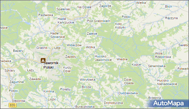 mapa Hucisko Jawornickie, Hucisko Jawornickie na mapie Targeo