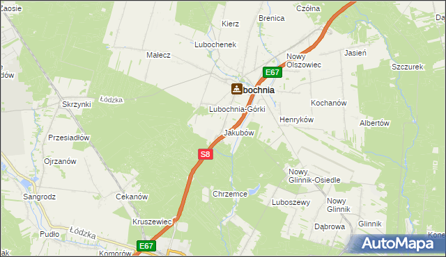 mapa Jakubów gmina Lubochnia, Jakubów gmina Lubochnia na mapie Targeo