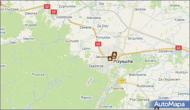 mapa Jakubów gmina Przysucha, Jakubów gmina Przysucha na mapie Targeo