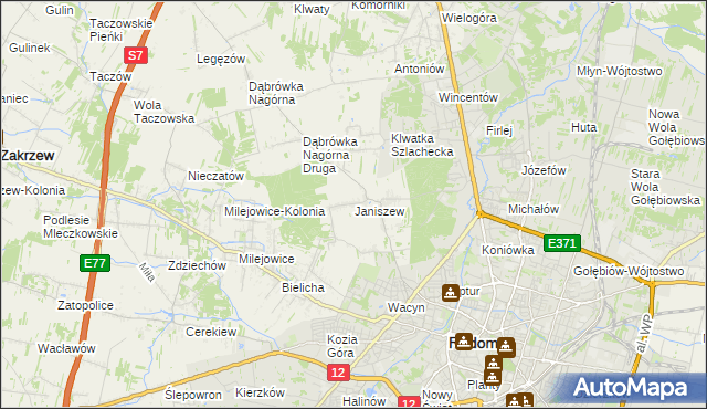 mapa Janiszew gmina Zakrzew, Janiszew gmina Zakrzew na mapie Targeo