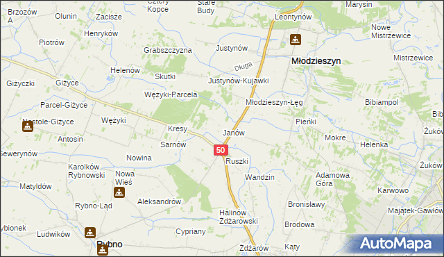 mapa Janów gmina Młodzieszyn, Janów gmina Młodzieszyn na mapie Targeo