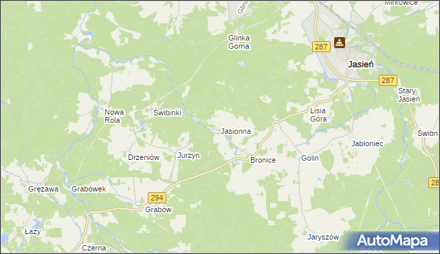mapa Jasionna gmina Jasień, Jasionna gmina Jasień na mapie Targeo
