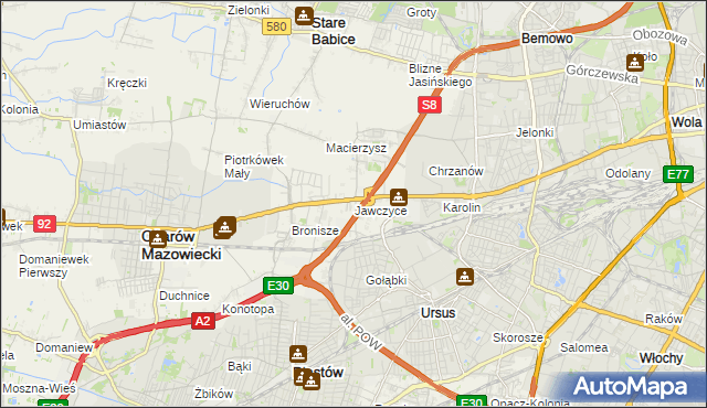 mapa Jawczyce gmina Ożarów Mazowiecki, Jawczyce gmina Ożarów Mazowiecki na mapie Targeo