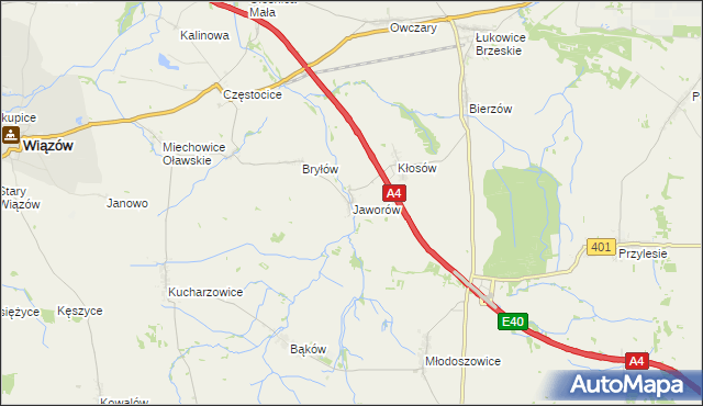 mapa Jaworów gmina Wiązów, Jaworów gmina Wiązów na mapie Targeo