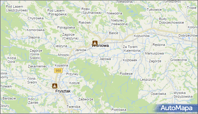 mapa Jazowa gmina Wiśniowa, Jazowa gmina Wiśniowa na mapie Targeo