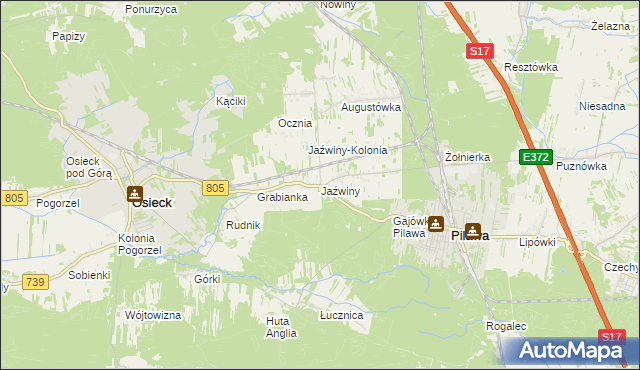 mapa Jaźwiny gmina Pilawa, Jaźwiny gmina Pilawa na mapie Targeo