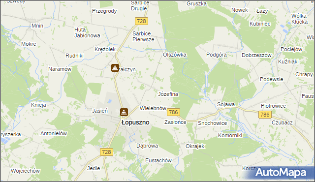 mapa Józefina gmina Łopuszno, Józefina gmina Łopuszno na mapie Targeo