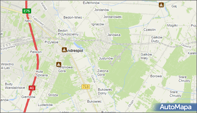 mapa Justynów gmina Andrespol, Justynów gmina Andrespol na mapie Targeo