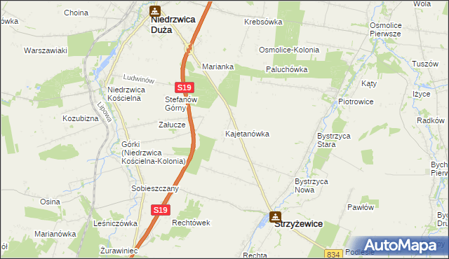 mapa Kajetanówka gmina Strzyżewice, Kajetanówka gmina Strzyżewice na mapie Targeo