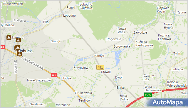 mapa Kamyk gmina Kłobuck, Kamyk gmina Kłobuck na mapie Targeo