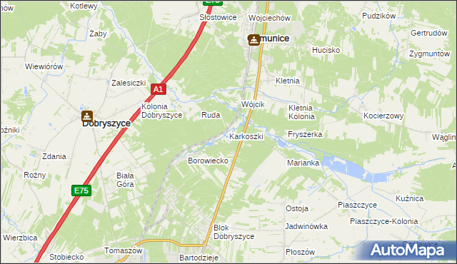 mapa Karkoszki gmina Gomunice, Karkoszki gmina Gomunice na mapie Targeo