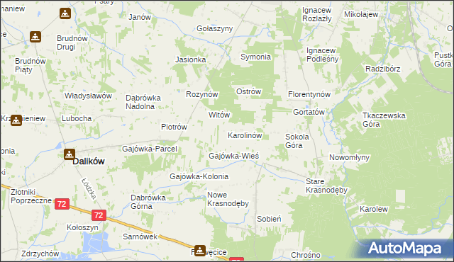 mapa Karolinów gmina Dalików, Karolinów gmina Dalików na mapie Targeo