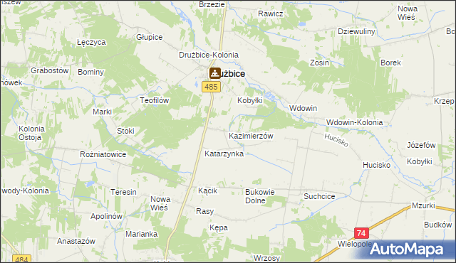 mapa Kazimierzów gmina Drużbice, Kazimierzów gmina Drużbice na mapie Targeo