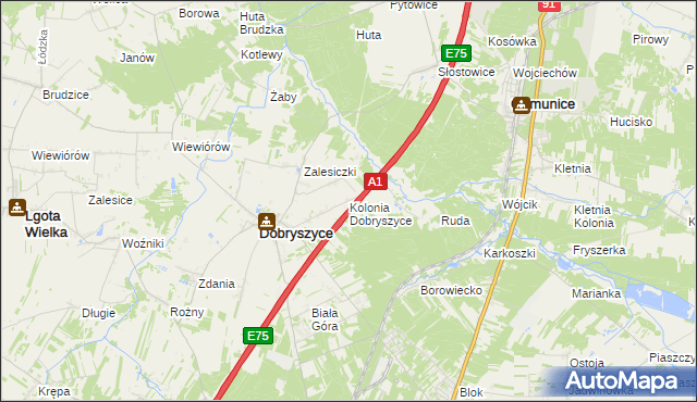 mapa Kolonia Dobryszyce, Kolonia Dobryszyce na mapie Targeo