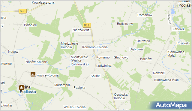mapa Komarno gmina Konstantynów, Komarno gmina Konstantynów na mapie Targeo