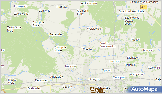 mapa Korczew gmina Zduńska Wola, Korczew gmina Zduńska Wola na mapie Targeo
