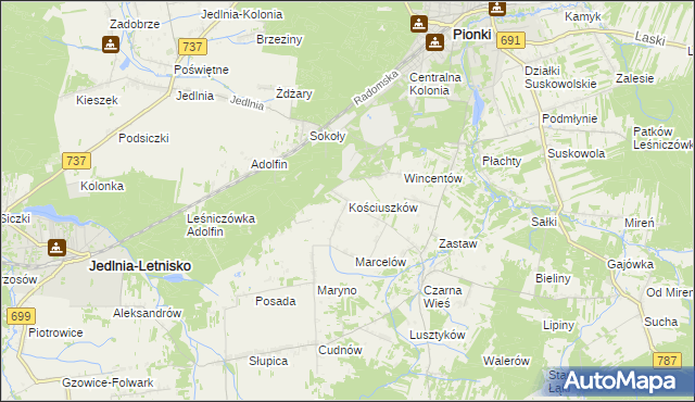 mapa Kościuszków gmina Pionki, Kościuszków gmina Pionki na mapie Targeo