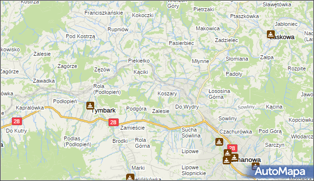 mapa Koszary gmina Limanowa, Koszary gmina Limanowa na mapie Targeo