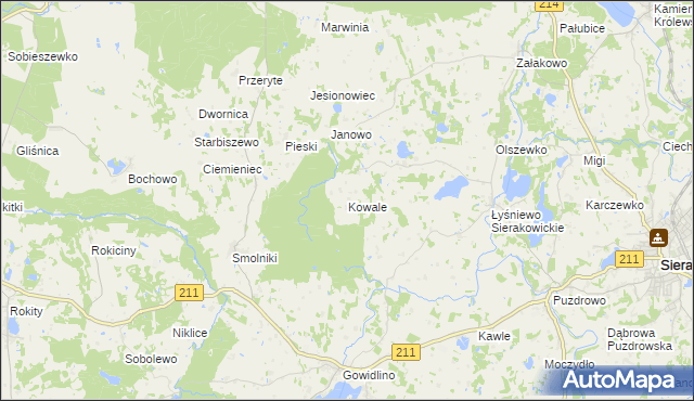 mapa Kowale gmina Sierakowice, Kowale gmina Sierakowice na mapie Targeo