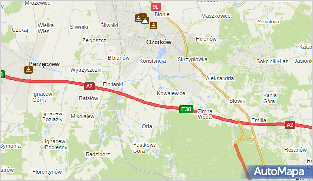 mapa Kowalewice gmina Parzęczew, Kowalewice gmina Parzęczew na mapie Targeo