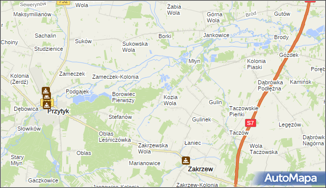 mapa Kozia Wola gmina Zakrzew, Kozia Wola gmina Zakrzew na mapie Targeo