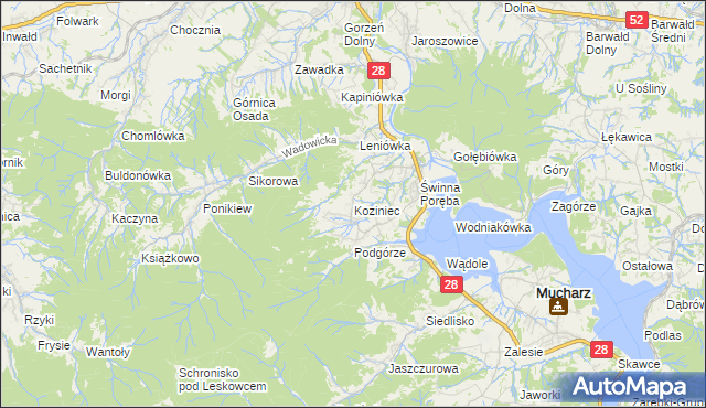 mapa Koziniec gmina Mucharz, Koziniec gmina Mucharz na mapie Targeo