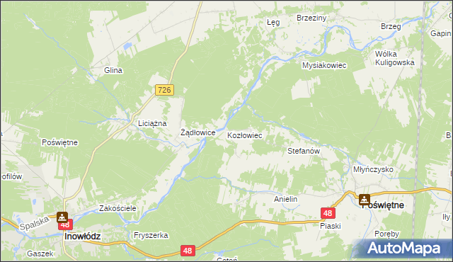 mapa Kozłowiec gmina Poświętne, Kozłowiec gmina Poświętne na mapie Targeo